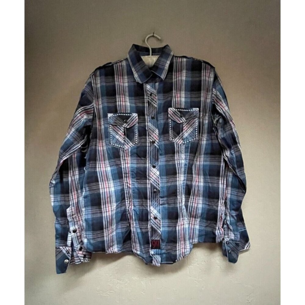 Panhandle Slim Snap Button Embroidered Plaid Shirt Large Long Sleeve Pockets
